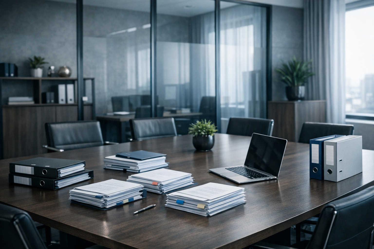 Nowoczesne biuro kancelarii syndyka z dokumentacją restrukturyzacyjną i aktami