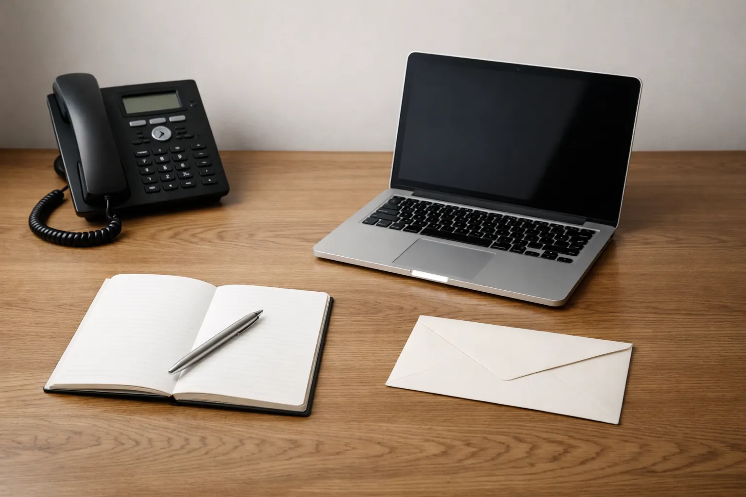 Kontakt z Kancelarią Syndyka – biurko kancelarii z dokumentami i telefonem